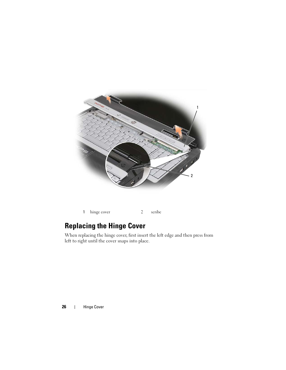 Replacing the hinge cover | Dell XPS M1730 (M1730, Late 2007) User Manual | Page 26 / 88