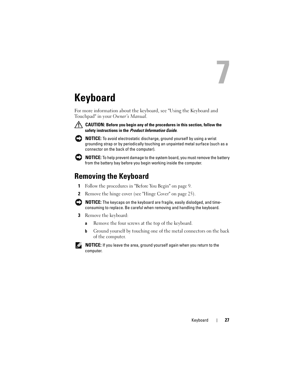 Keyboard, Removing the keyboard | Dell XPS M1730 (M1730, Late 2007) User Manual | Page 27 / 88