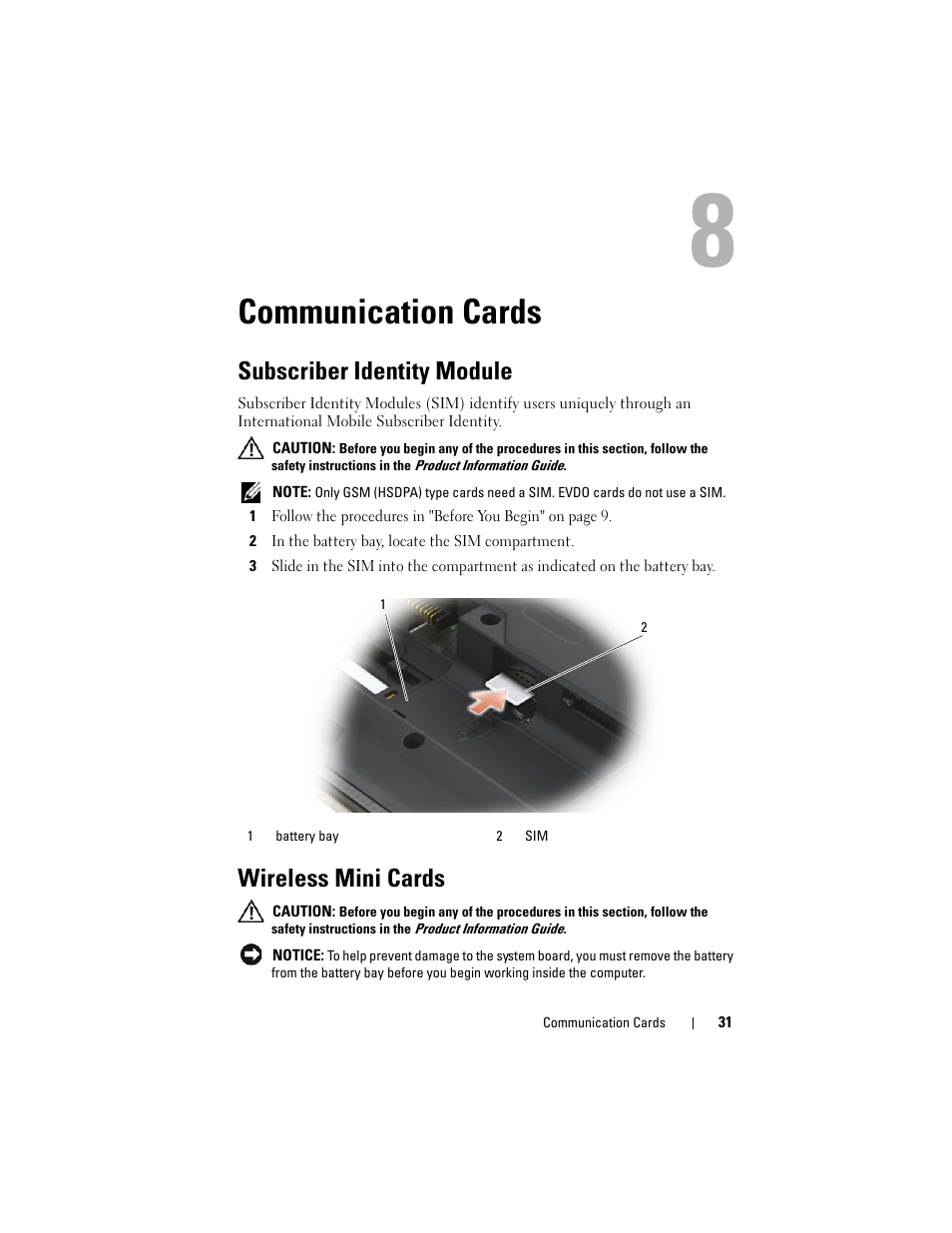 Communication cards, Subscriber identity module, Wireless mini cards | Dell XPS M1730 (M1730, Late 2007) User Manual | Page 31 / 88