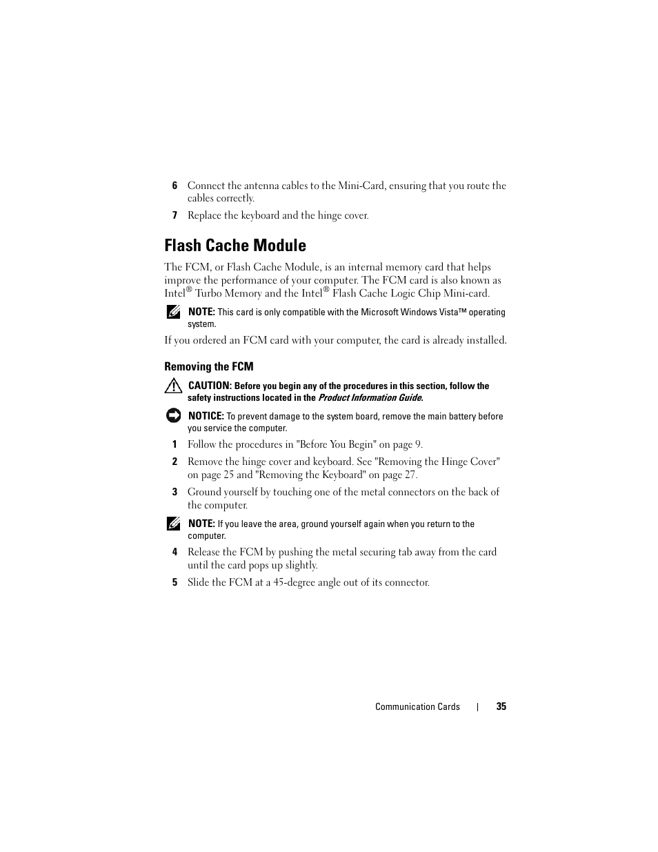 Flash cache module, Removing the fcm | Dell XPS M1730 (M1730, Late 2007) User Manual | Page 35 / 88