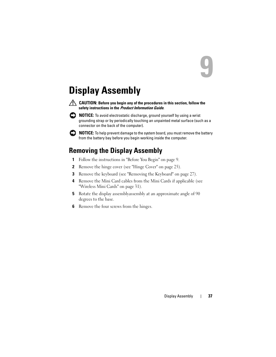 Display assembly, Removing the display assembly | Dell XPS M1730 (M1730, Late 2007) User Manual | Page 37 / 88