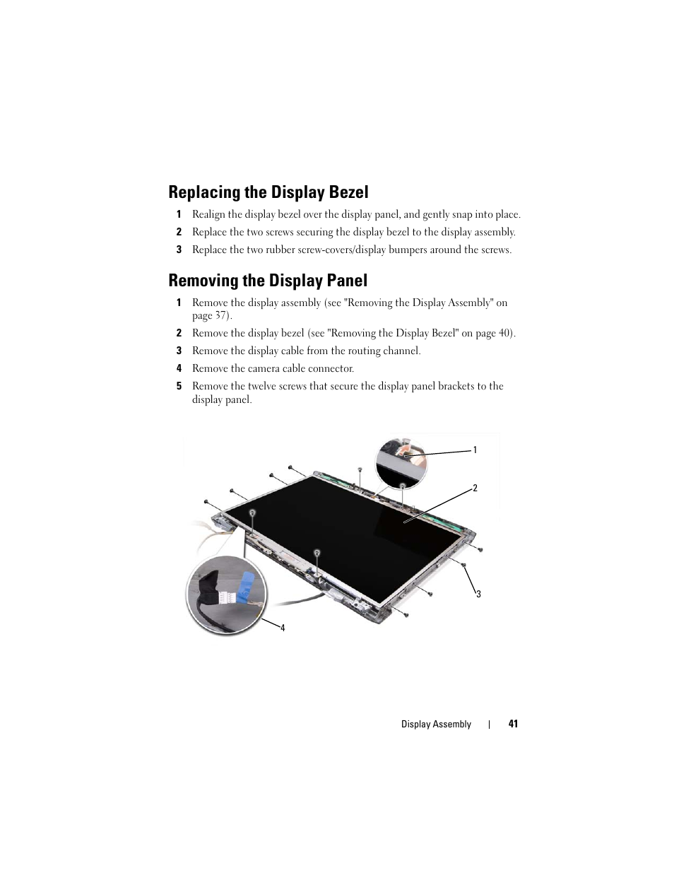 Replacing the display bezel, Removing the display panel | Dell XPS M1730 (M1730, Late 2007) User Manual | Page 41 / 88