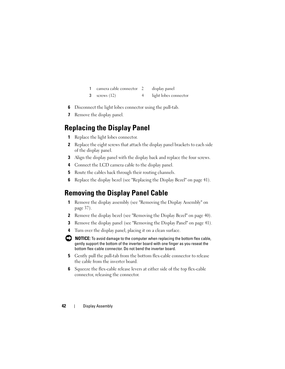 Replacing the display panel, Removing the display panel cable | Dell XPS M1730 (M1730, Late 2007) User Manual | Page 42 / 88