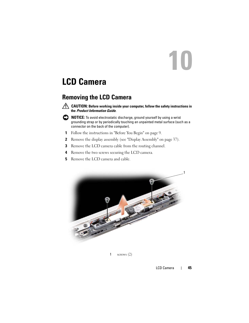 Lcd camera, Removing the lcd camera | Dell XPS M1730 (M1730, Late 2007) User Manual | Page 45 / 88