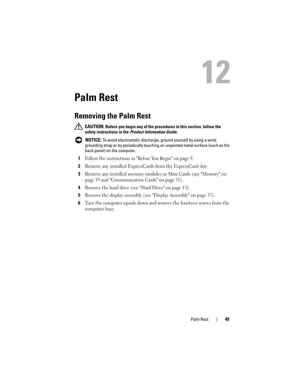 Palm rest, Removing the palm rest | Dell XPS M1730 (M1730, Late 2007) User Manual | Page 49 / 88