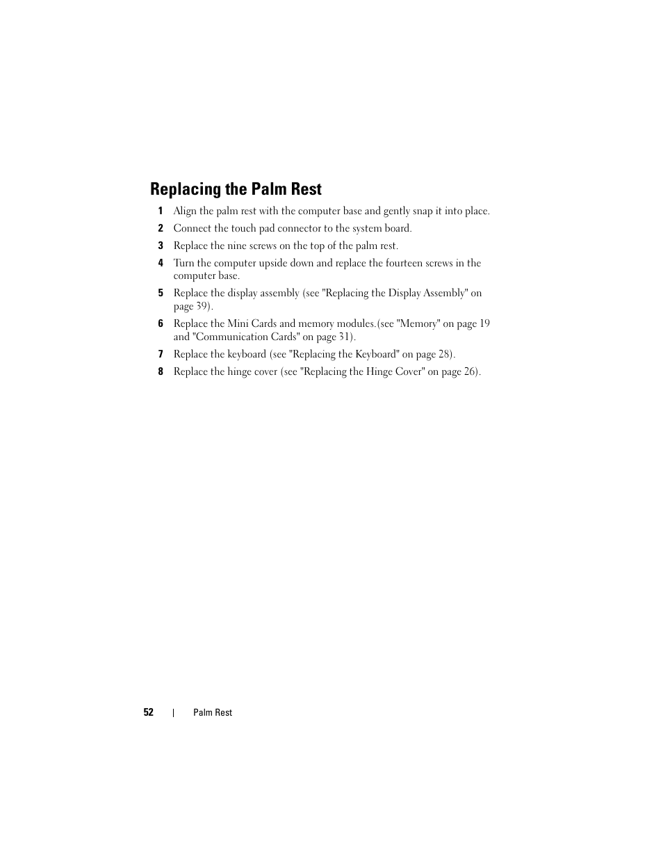 Replacing the palm rest | Dell XPS M1730 (M1730, Late 2007) User Manual | Page 52 / 88