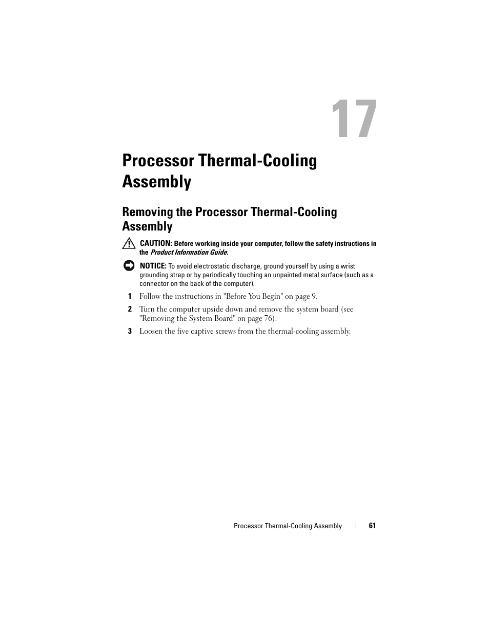 Processor thermal-cooling assembly, Removing the processor thermal-cooling assembly | Dell XPS M1730 (M1730, Late 2007) User Manual | Page 61 / 88