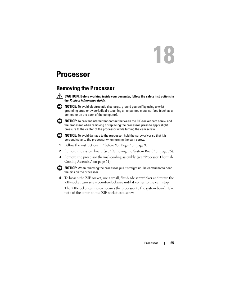 Processor, Removing the processor | Dell XPS M1730 (M1730, Late 2007) User Manual | Page 65 / 88