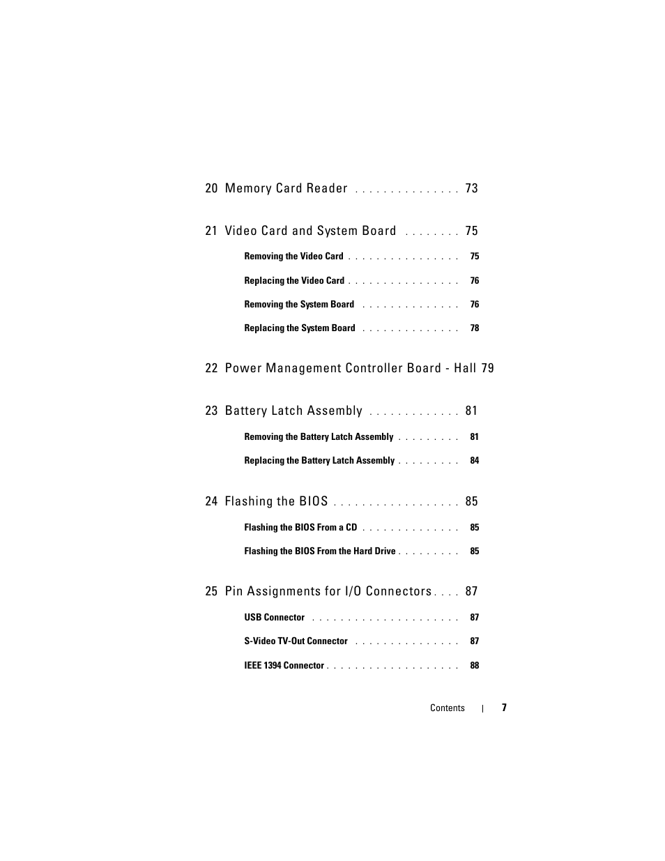 73 21 video card and system board, 22 power management controller board - hall, 79 23 battery latch assembly | 24 flashing the bios, 25 pin assignments for i/o connectors | Dell XPS M1730 (M1730, Late 2007) User Manual | Page 7 / 88