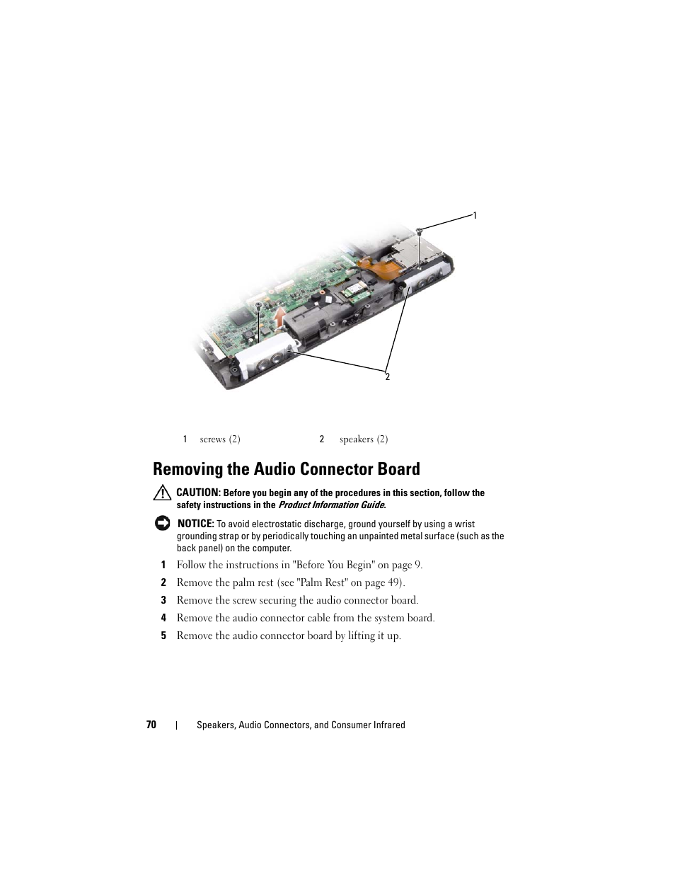 Removing the audio connector board, See "removing the audio connector | Dell XPS M1730 (M1730, Late 2007) User Manual | Page 70 / 88