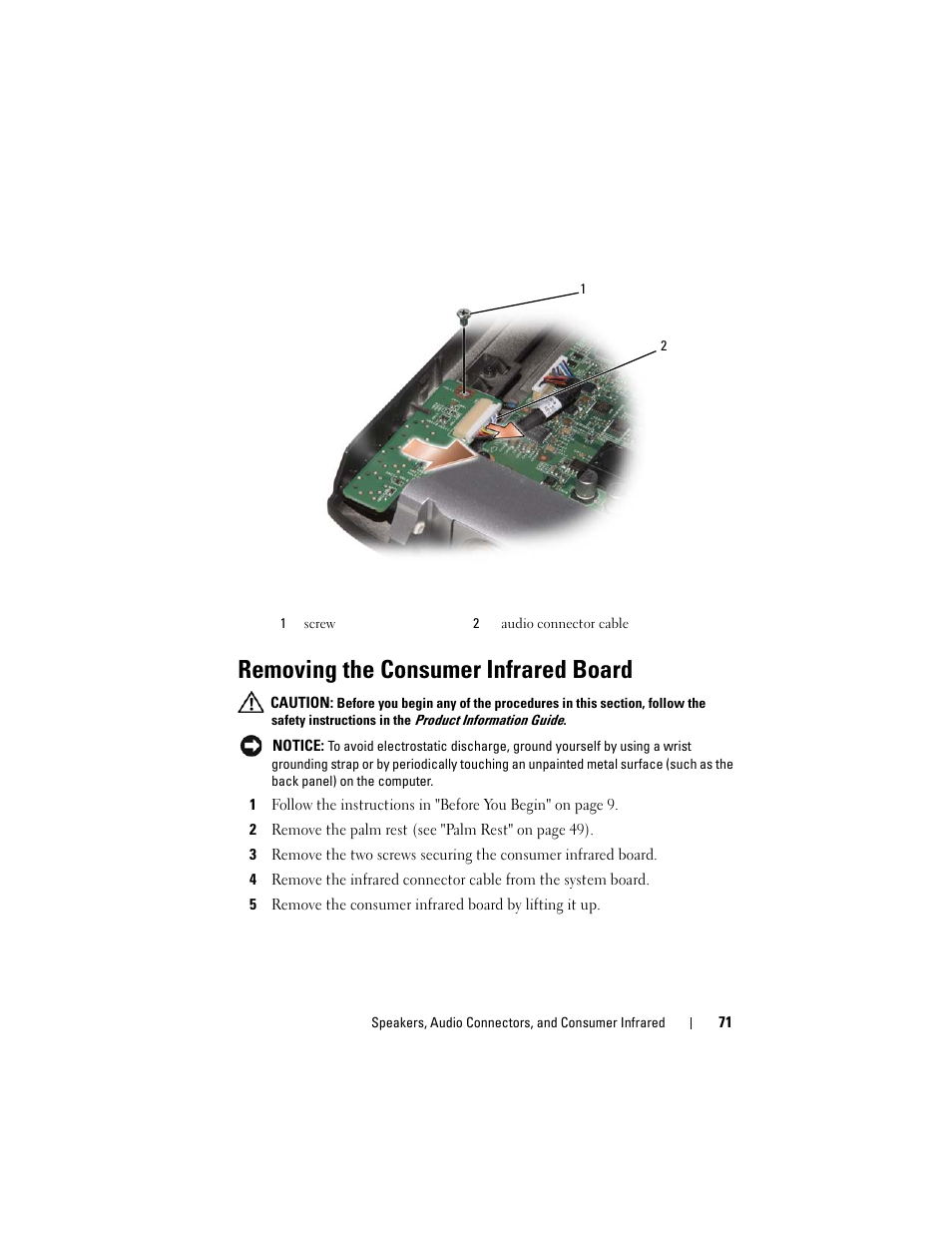 Removing the consumer infrared board | Dell XPS M1730 (M1730, Late 2007) User Manual | Page 71 / 88