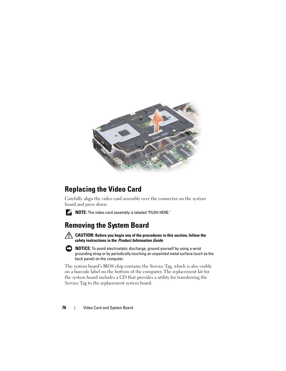 Replacing the video card, Removing the system board | Dell XPS M1730 (M1730, Late 2007) User Manual | Page 76 / 88