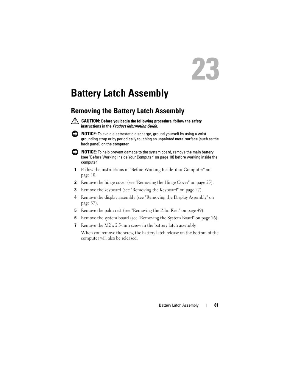 Battery latch assembly, Removing the battery latch assembly | Dell XPS M1730 (M1730, Late 2007) User Manual | Page 81 / 88