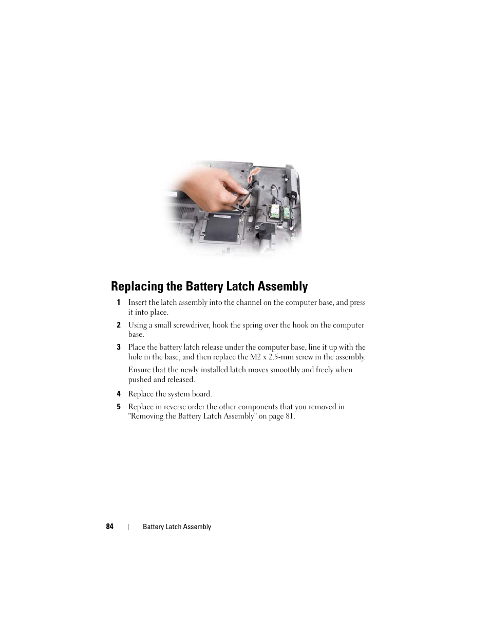 Replacing the battery latch assembly | Dell XPS M1730 (M1730, Late 2007) User Manual | Page 84 / 88