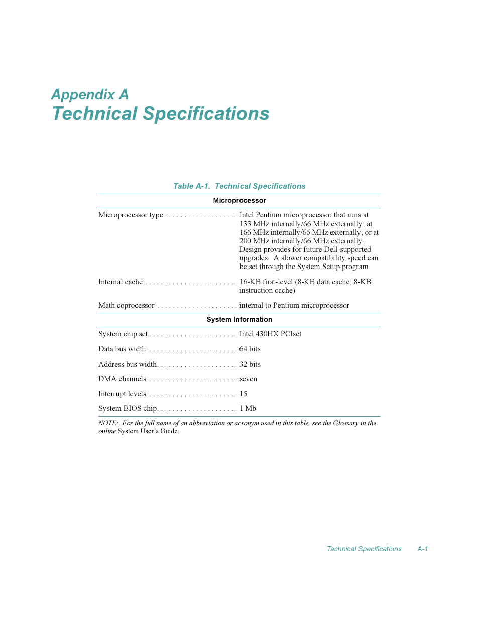 Technical specifications, Table a-1, Appendix a | Dell OptiPlex Gxi User Manual | Page 105 / 140