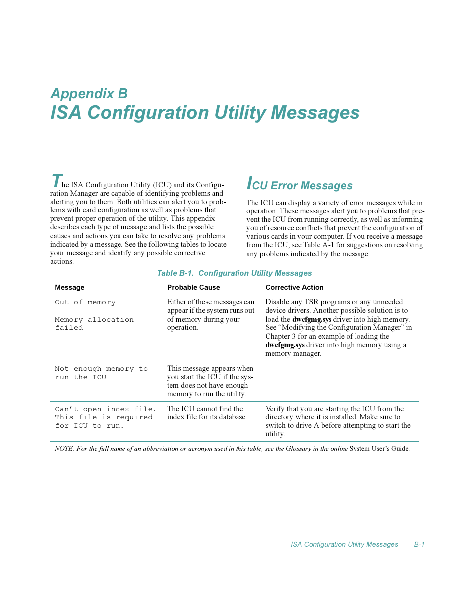 Isa configuration utility messages, Icu error messages, Table b-1 | Isa configuration utility messages t, Appendix b | Dell OptiPlex Gxi User Manual | Page 111 / 140