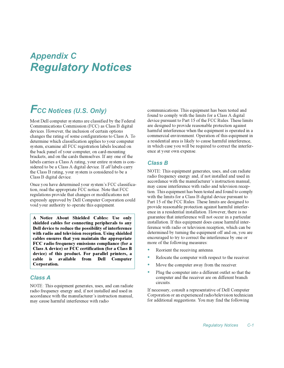 Regulatory notices, Fcc notices (u.s. only), Class a | Class b, Regulatory notices f, Appendix c | Dell OptiPlex Gxi User Manual | Page 121 / 140