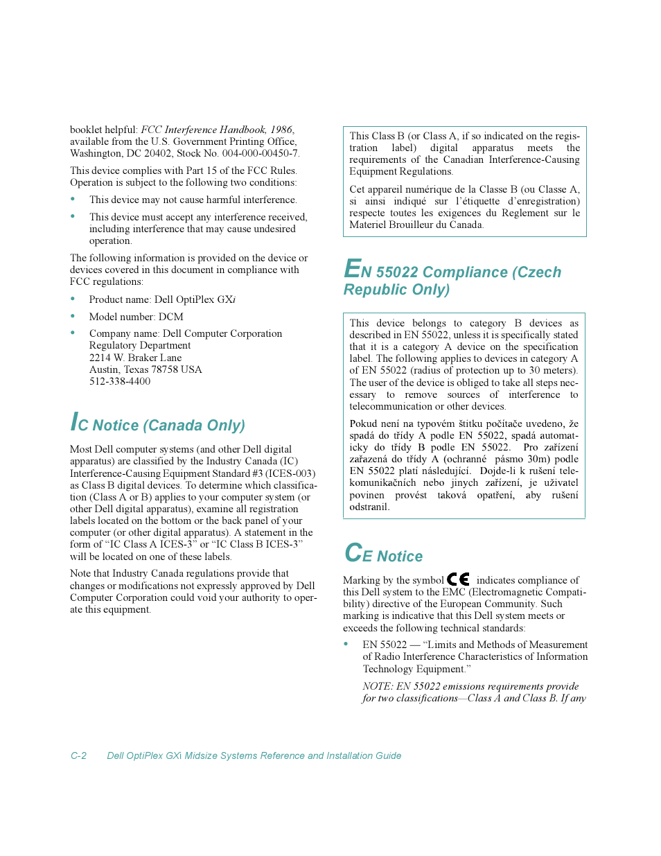 Ic notice (canada only), En 55022 compliance (czech republic only), Ce notice | Dell OptiPlex Gxi User Manual | Page 122 / 140