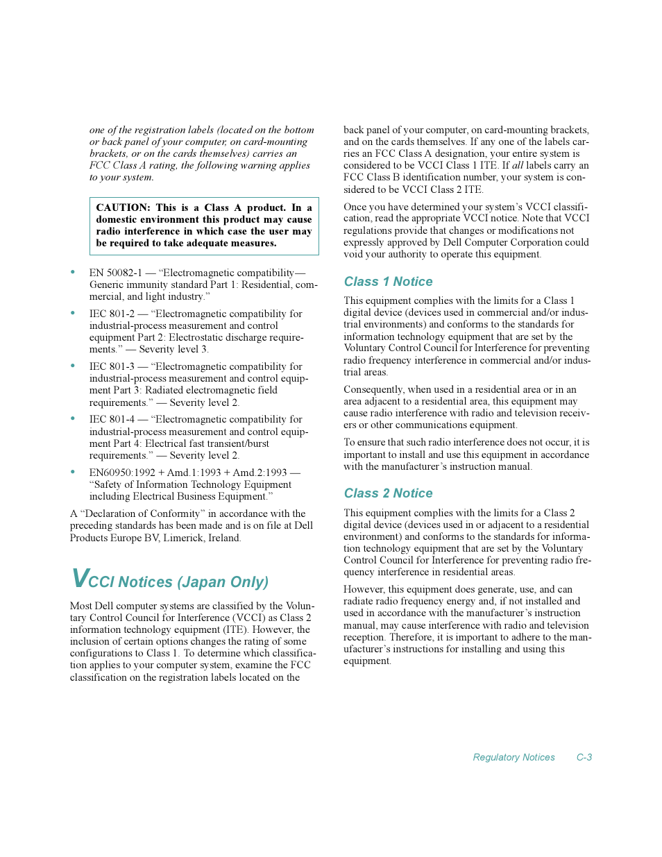 Vcci notices (japan only), Class 1 notice, Class 2 notice | Cci notices (japan only) | Dell OptiPlex Gxi User Manual | Page 123 / 140