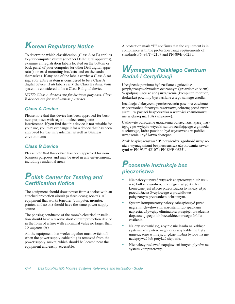 Korean regulatory notice, Class a device, Class b device | Polish center for testing and certification notice, Wymagania polskiego centrum badaò i certyfikacji, Pozosta³e instrukcje bez pieczeòstwa, Wymagania polskiego centrum bada, Pozosta, Orean regulatory notice, Olish center for testing and certification notice | Dell OptiPlex Gxi User Manual | Page 124 / 140