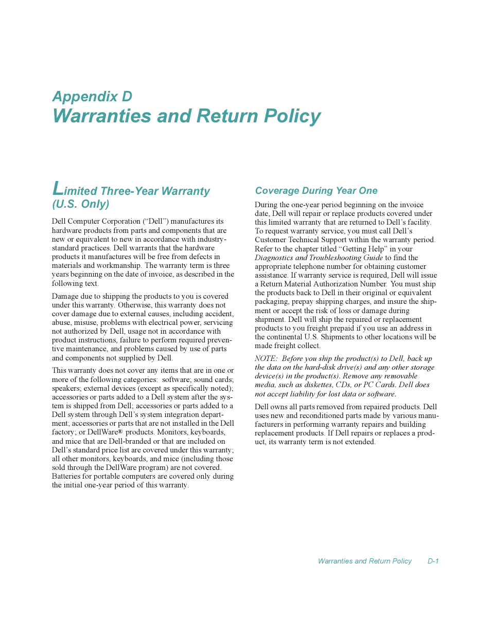 Warranties and return policy, Limited three-year warranty (u.s. only), Coverage during year one | Warranties and return policy l, Appendix d | Dell OptiPlex Gxi User Manual | Page 127 / 140
