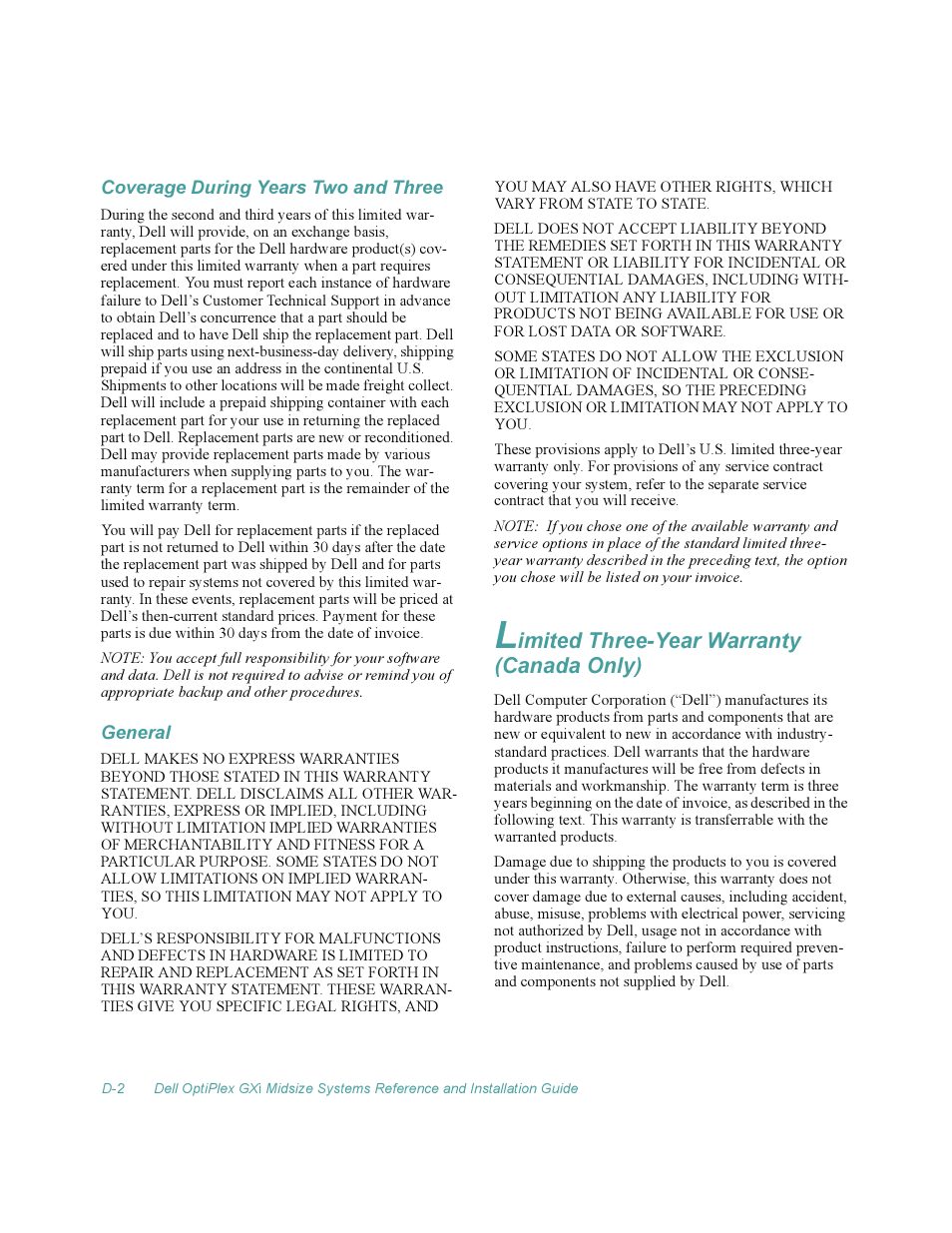 Coverage during years two and three, General, Limited three-year warranty (canada only) | Imited three-year warranty (canada only) | Dell OptiPlex Gxi User Manual | Page 128 / 140