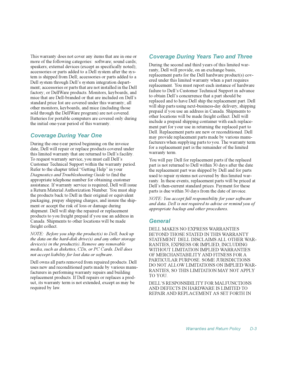 Coverage during year one, Coverage during years two and three, General | Dell OptiPlex Gxi User Manual | Page 129 / 140