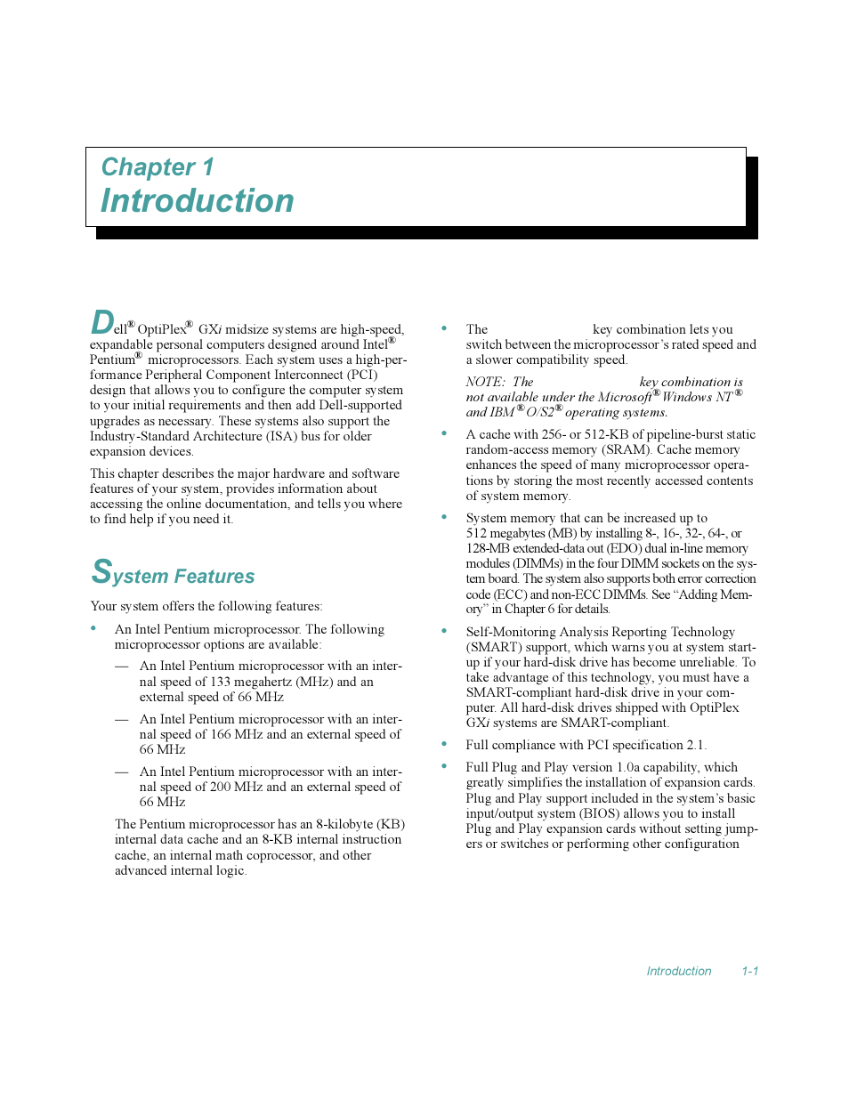 Introduction, System features, Pter 1 introduction -1 | System features -1, Introduction d, Chapter 1, Ystem features | Dell OptiPlex Gxi User Manual | Page 25 / 140