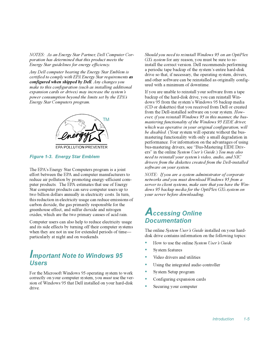 Important note to windows 95 users, Accessing online documentation, Accessing online documentation -5 | Figure 1-3, Energy star emblem -5 | Dell OptiPlex Gxi User Manual | Page 29 / 140