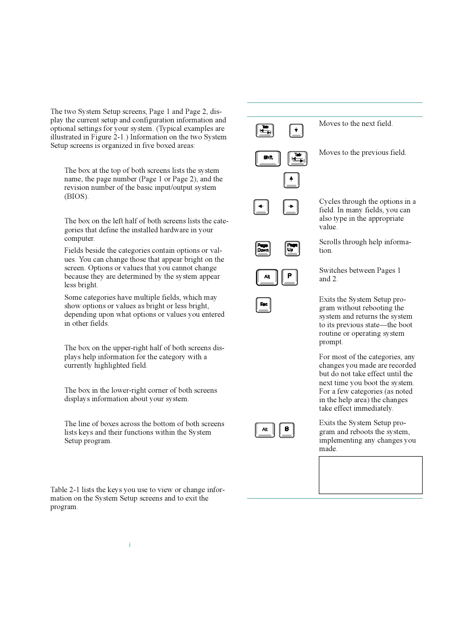 System setup screens, Using the system setup program, System setup screens -2 | Using the system setup program -2, Table 2-1, System-setup navigation keys -2, Ystem setup screens, Sing the system setup program | Dell OptiPlex Gxi User Manual | Page 32 / 140