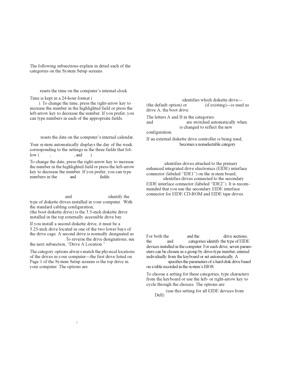 System setup categories, Time, Date | Diskette drive a and diskette drive b, Drive a location, Drives: primary and secondary, System setup categories -4, Time -4, Date -4, Diskette drive a and diskette drive b -4 | Dell OptiPlex Gxi User Manual | Page 34 / 140