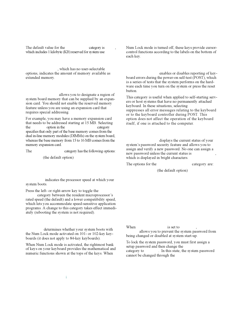 Extended memory, Reserved memory, Cpu speed | Num lock, Keyboard errors, System password, Password status, Extended memory -6, Reserved memory -6, Cpu speed -6 | Dell OptiPlex Gxi User Manual | Page 36 / 140