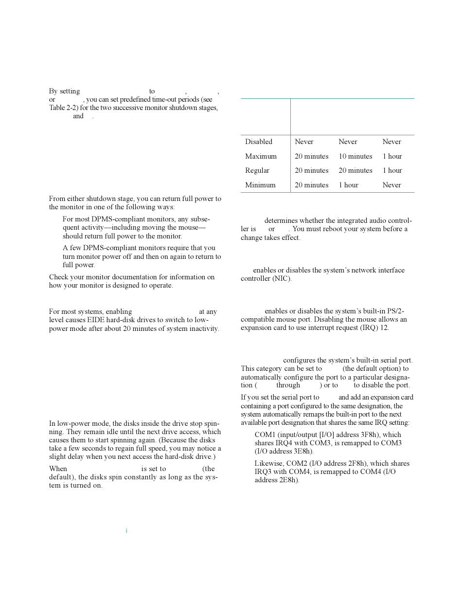 Sound, Mouse, Serial port | Saving eide hard-disk drive power -8, Sound -8, Nic -8, Mouse -8, Serial port -8, Table 2-2, Power time-out periods -8 | Dell OptiPlex Gxi User Manual | Page 38 / 140