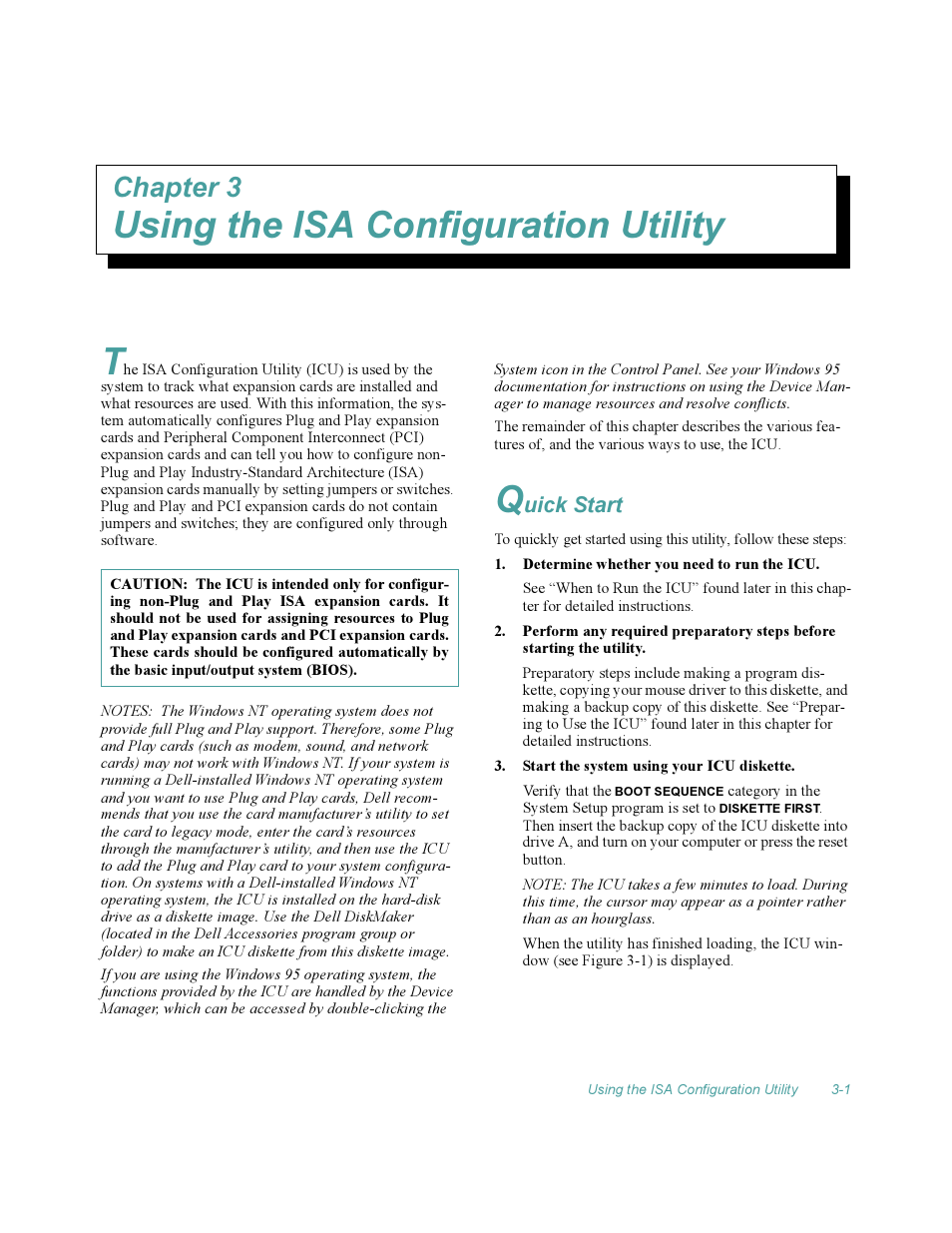 Using the isa configuration utility, Quick start, Chapter 3 using the isa configuration utility -1 | Quick start -1, Using the isa configuration utility t, Chapter 3 | Dell OptiPlex Gxi User Manual | Page 45 / 140