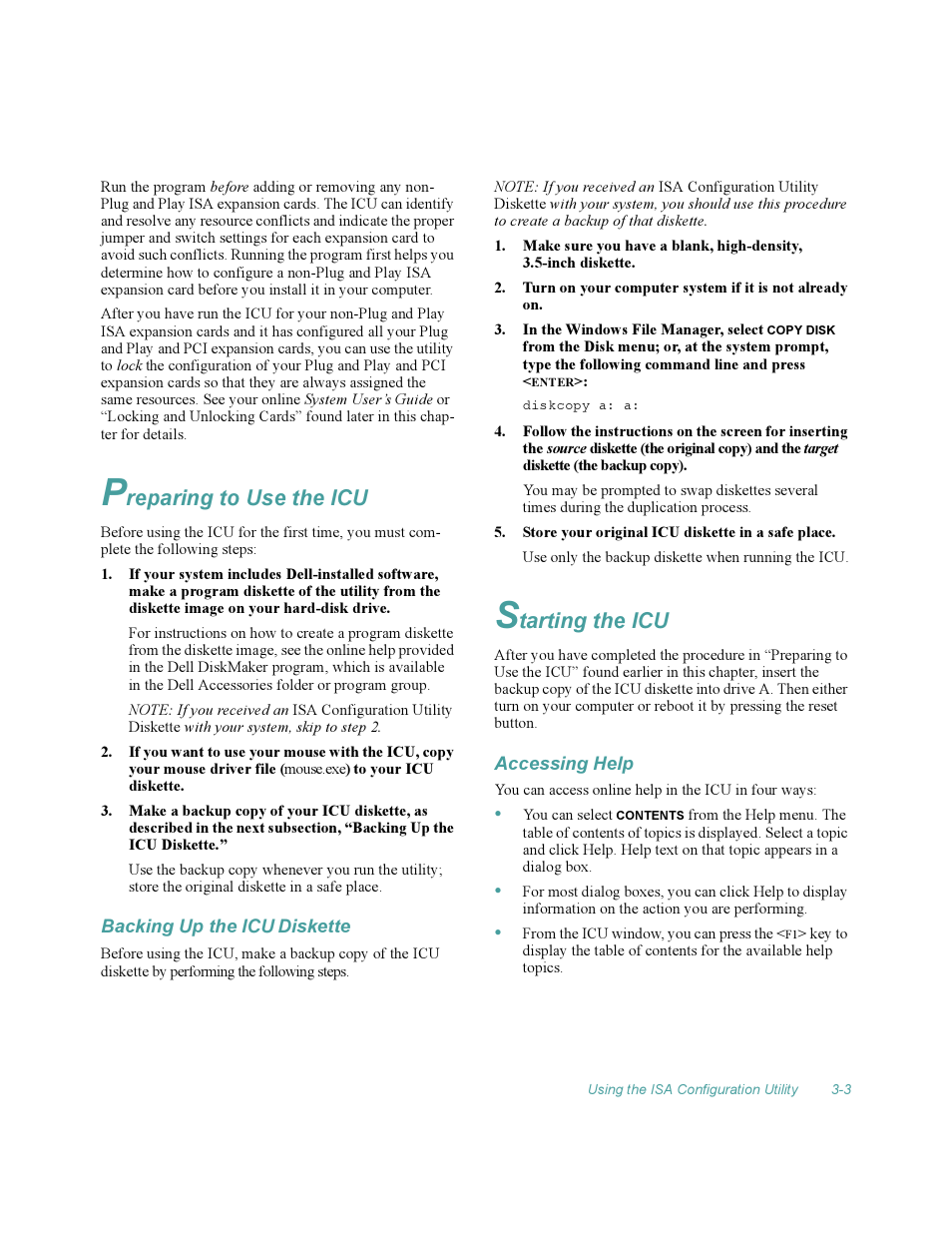 Preparing to use the icu, Backing up the icu diskette, Starting the icu | Accessing help, Preparing to use the icu -3, Backing up the icu diskette -3, Starting the icu -3, Accessing help -3, Reparing to use the icu, Tarting the icu | Dell OptiPlex Gxi User Manual | Page 47 / 140