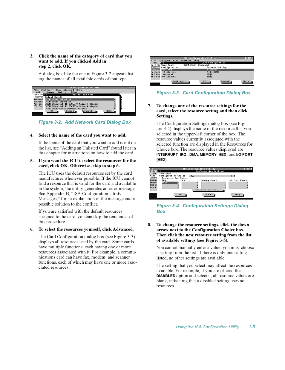 Figure 3-2, Add network card dialog box -5, Figure 3-3 | Card configuration dialog box -5, Figure 3-4, Configuration settings dialog box -5 | Dell OptiPlex Gxi User Manual | Page 49 / 140