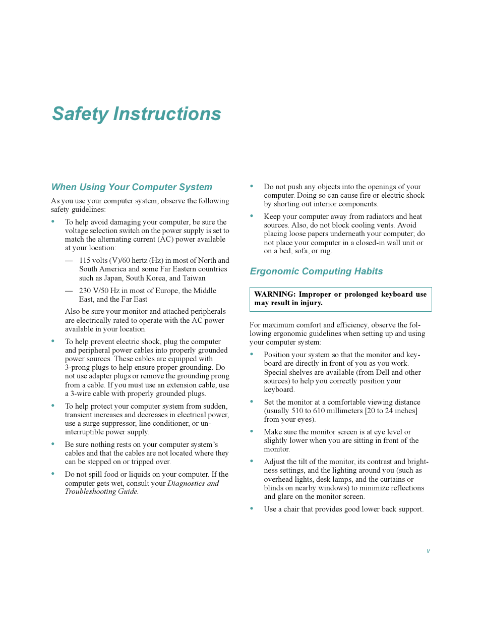 Safety instructions, When using your computer system, Ergonomic computing habits | Dell OptiPlex Gxi User Manual | Page 5 / 140