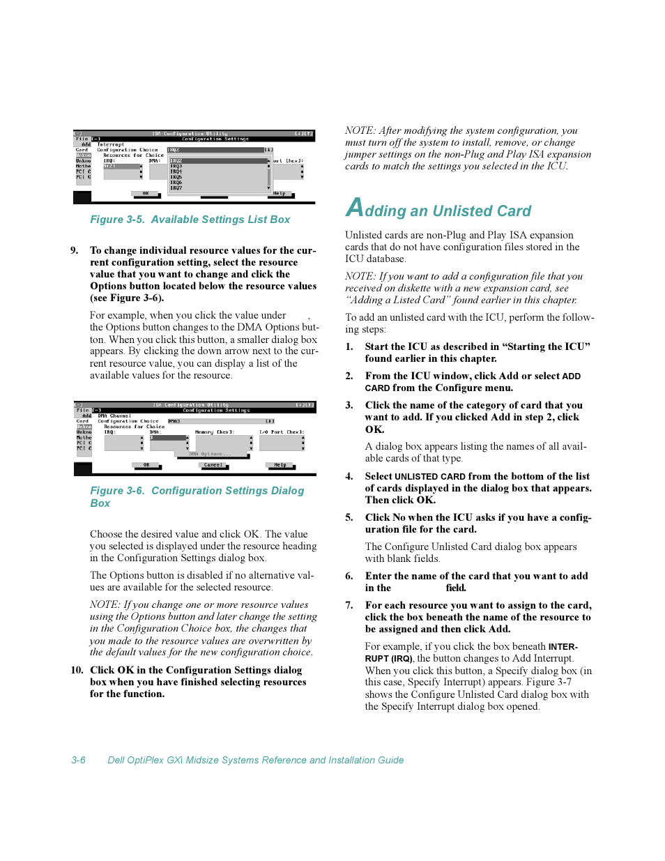 Adding an unlisted card, Adding an unlisted card -6, Figure 3-5 | Available settings list box -6, Figure 3-6, Configuration settings dialog box -6, Dding an unlisted card | Dell OptiPlex Gxi User Manual | Page 50 / 140