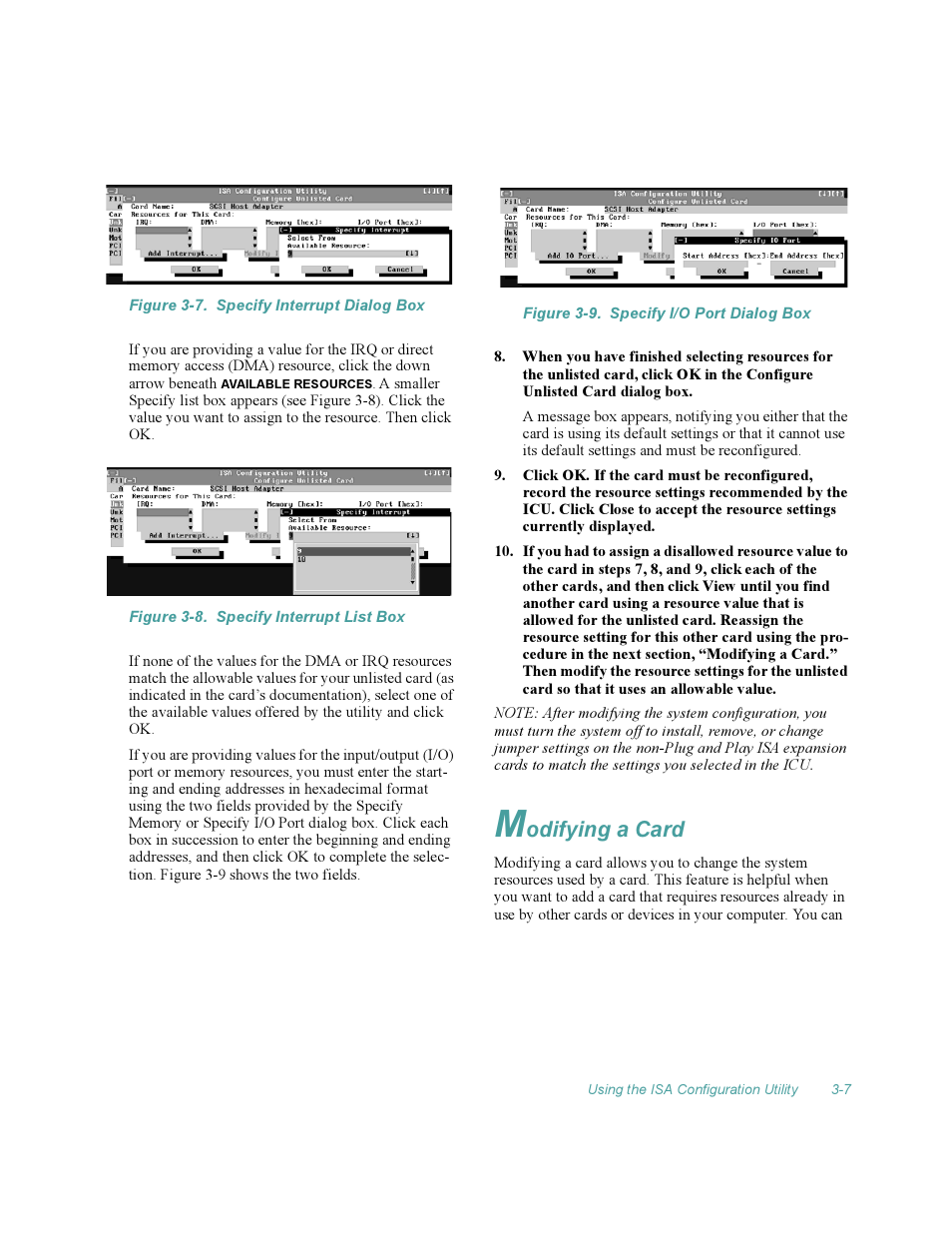 Modifying a card, Modifying a card -7, Figure 3-7 | Specify interrupt dialog box -7, Figure 3-8, Specify interrupt list box -7, Figure 3-9, Specify i/o port dialog box -7, Odifying a card | Dell OptiPlex Gxi User Manual | Page 51 / 140