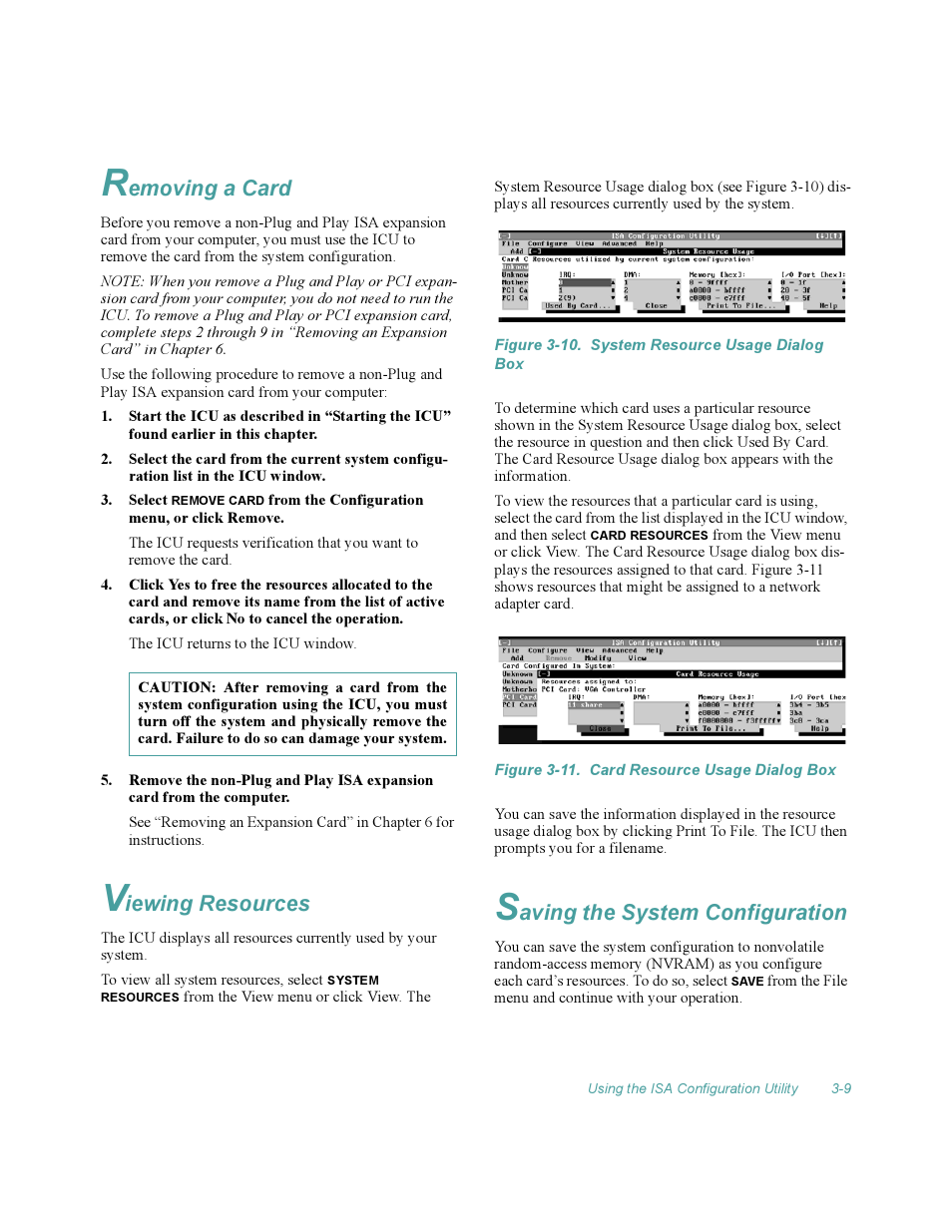 Removing a card, Viewing resources, Saving the system configuration | Removing a card -9, Viewing resources -9, Saving the system configuration -9, Figure 3-10, System resource usage dialog box -9, Figure 3-11, Card resource usage dialog box -9 | Dell OptiPlex Gxi User Manual | Page 53 / 140