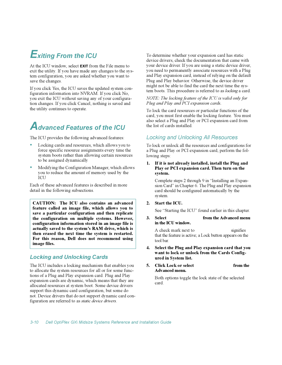 Exiting from the icu, Advanced features of the icu, Locking and unlocking cards | Exiting from the icu -10, Advanced features of the icu -10, Locking and unlocking cards -10, Locking and unlocking all resources -10, Xiting from the icu, Dvanced features of the icu | Dell OptiPlex Gxi User Manual | Page 54 / 140