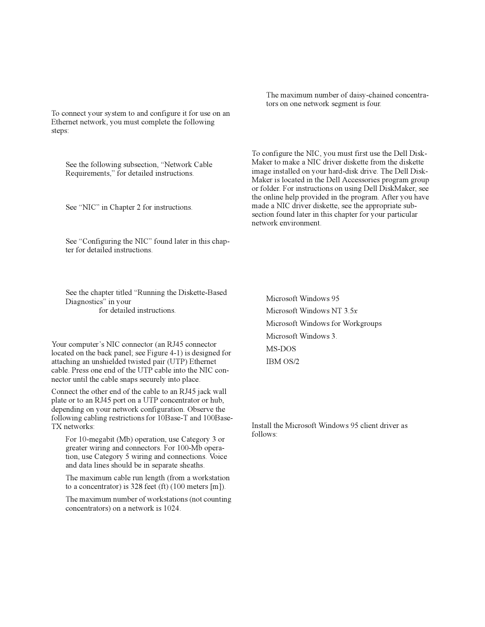 Connecting to a network, Network cable requirements, Configuring the nic | Client drivers for novell netware environments, Connecting to a network -3, Network cable requirements -3, Configuring the nic -3, Client drivers for novell netware environments -3, Microsoft windows 95 client driver -3, Onnecting to a network | Dell OptiPlex Gxi User Manual | Page 59 / 140