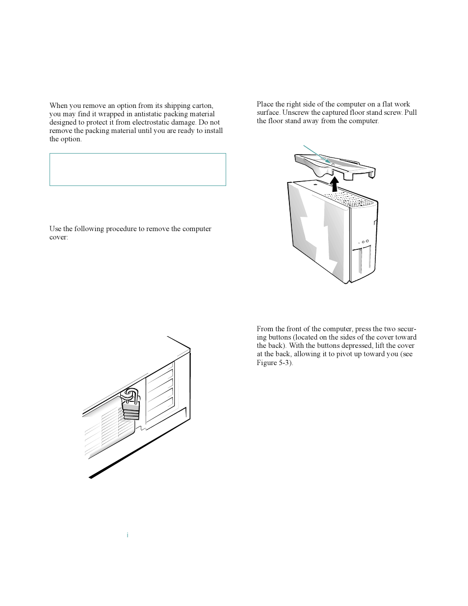 Unpacking your hardware option, Removing the computer cover, Unpacking your hardware option -2 | Removing the computer cover -2, Figure 5-1, Padlock installed -2, Figure 5-2, Removing the floor stand -2, Emoving the computer cover | Dell OptiPlex Gxi User Manual | Page 66 / 140