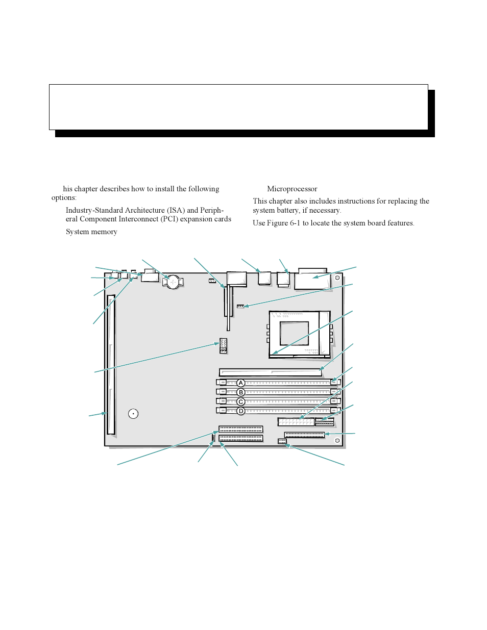 Installing system board options, Chapter 6 installing system board options -1, Figure 6-1 | System board features -1, Installing system board options t, Chapter 6 | Dell OptiPlex Gxi User Manual | Page 79 / 140