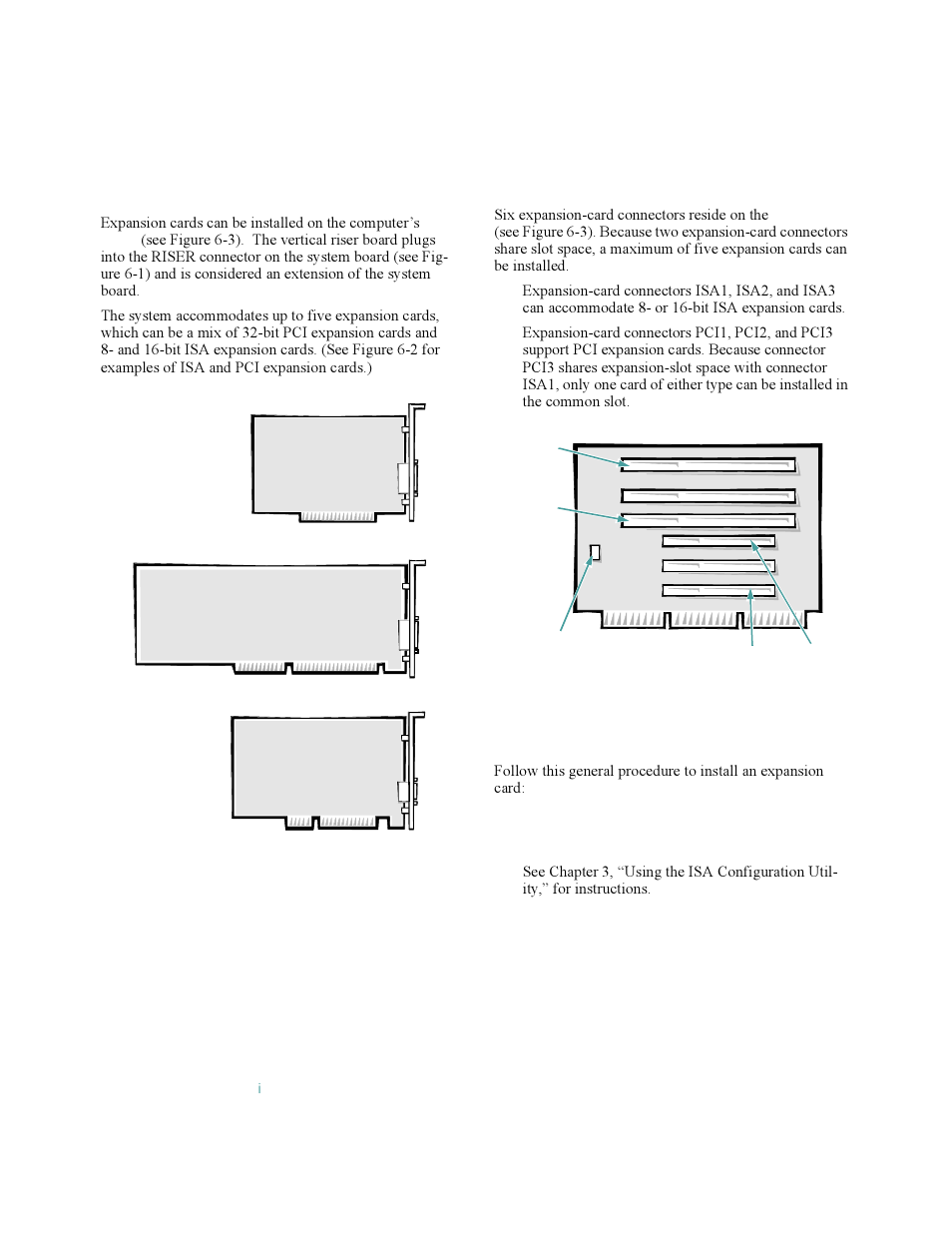 Expansion cards, Expansion slots, Installing an expansion card | Expansion cards -2, Expansion slots -2, Installing an expansion card -2, Figure 6-2, Figure 6-3, Riser-board expansion-card connectors -2, Xpansion cards | Dell OptiPlex Gxi User Manual | Page 80 / 140