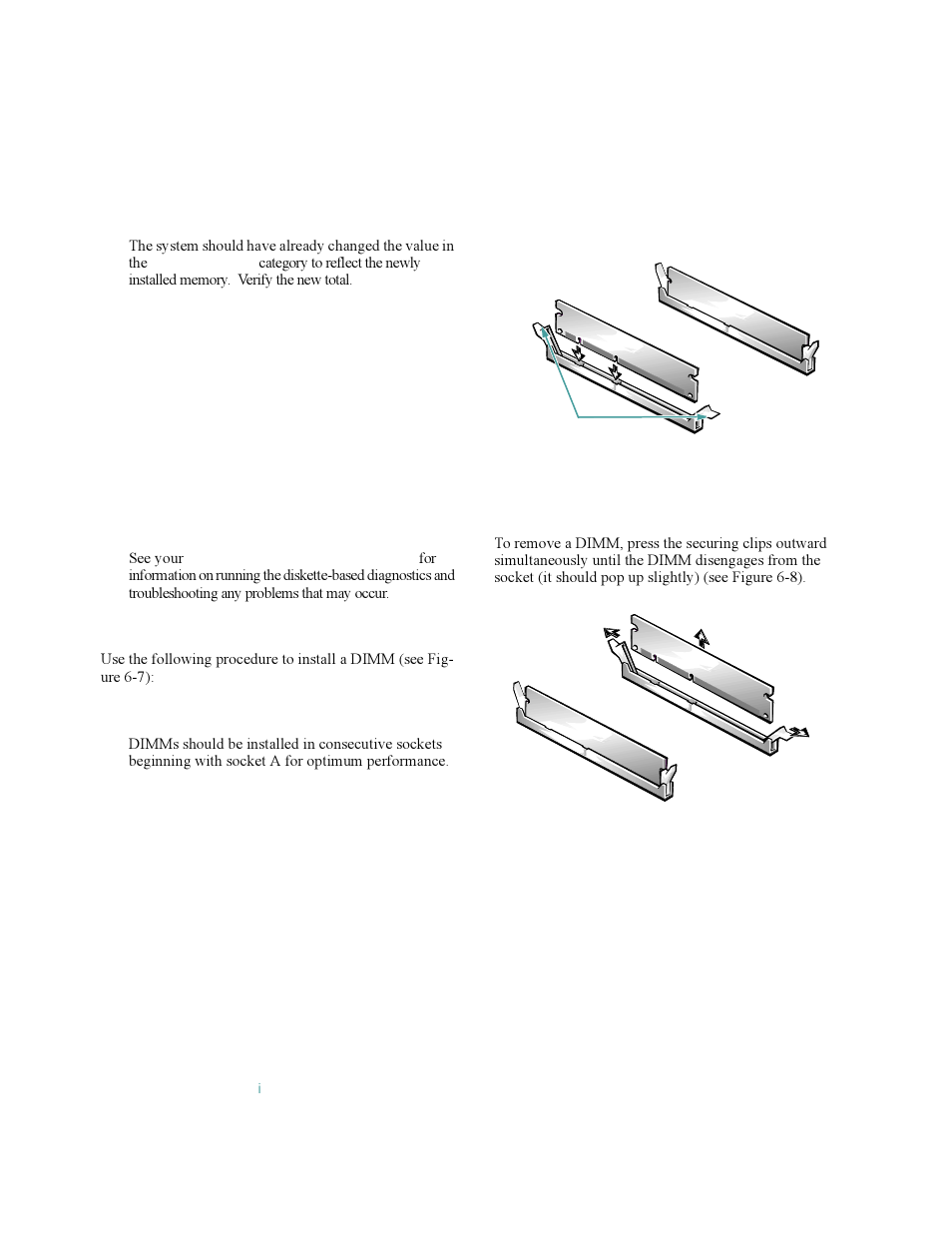 Installing a dimm -6, Removing a dimm -6, Figure 6-7 | Figure 6-8, Installing a dimm, Removing a dimm | Dell OptiPlex Gxi User Manual | Page 84 / 140