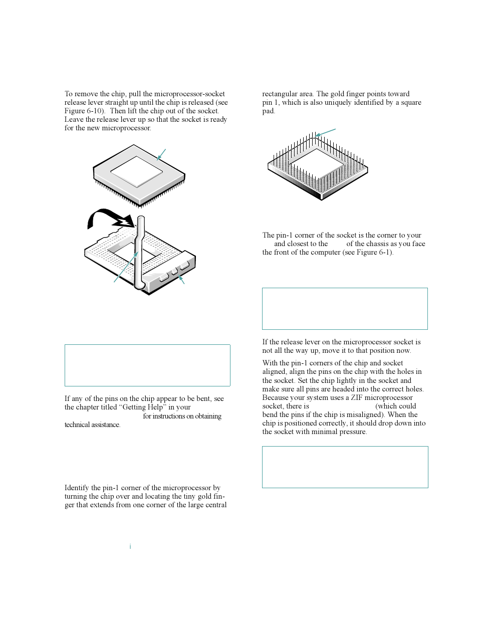 Figure 6-10, Removing the microprocessor -8, Figure 6-11 | Pin-1 identification -8 | Dell OptiPlex Gxi User Manual | Page 86 / 140