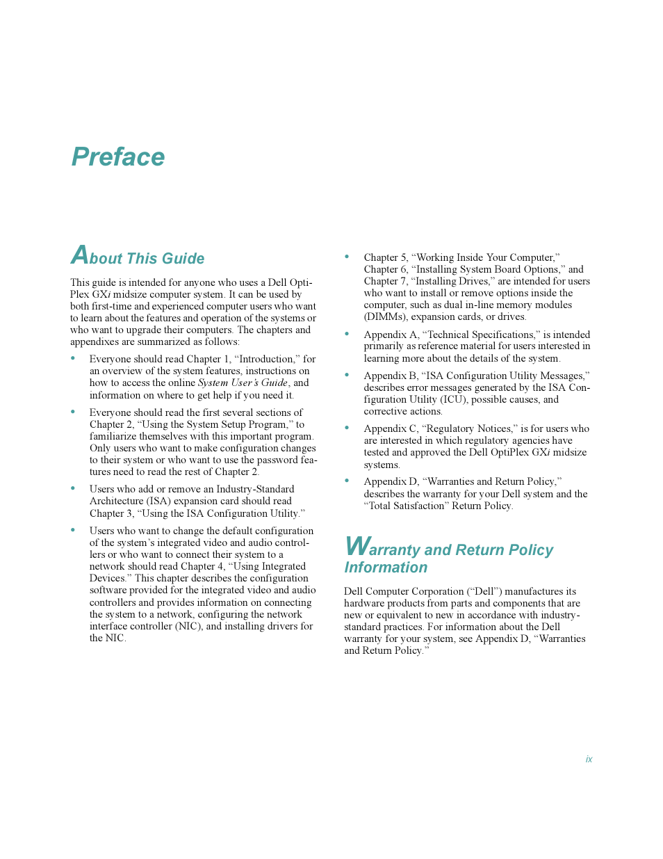 Preface, About this guide, Warranty and return policy information | Preface a | Dell OptiPlex Gxi User Manual | Page 9 / 140