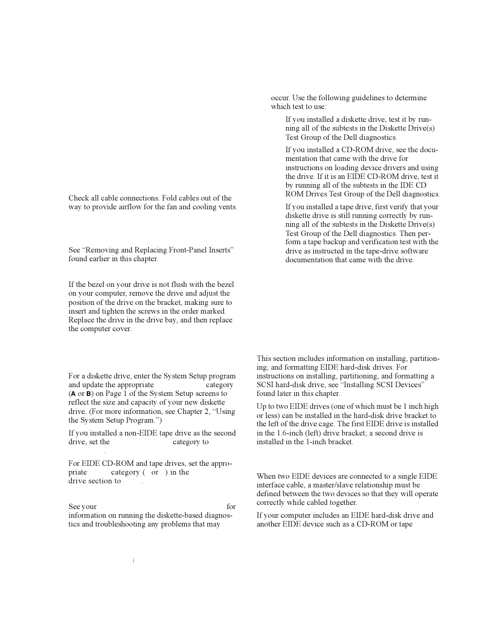 Installing an eide hard-disk drive, Eide drive addressing, Installing a drive in a 5.25-inch drive bay -3 | Installing an eide hard-disk drive -6, Eide drive addressing -6, Nstalling an eide hard-disk drive | Dell OptiPlex Gxi User Manual | Page 96 / 140