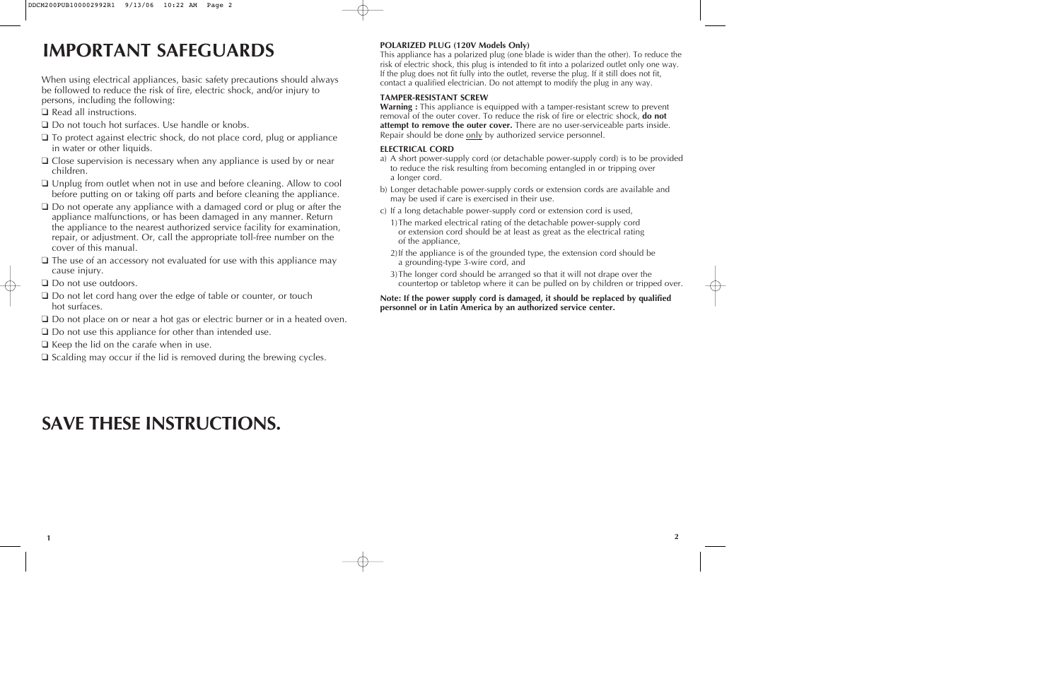 Important safeguards, Save these instructions | Black & Decker DDCM200 User Manual | Page 2 / 15